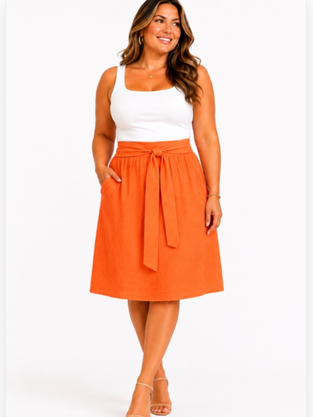 Estelle Maja Midi Linen Blend Skirt Tangerine Size 1X NWT